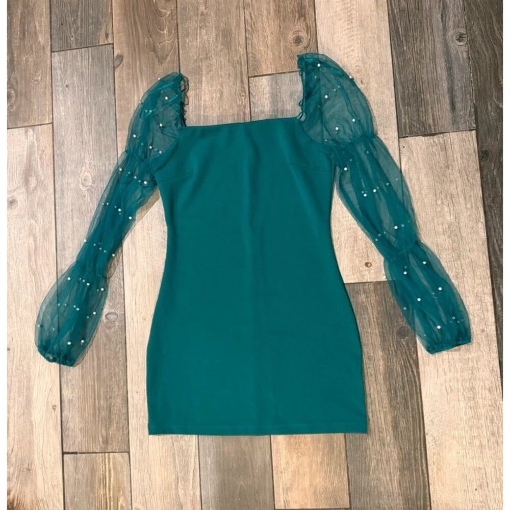 Thirty Thirty Green Mini Dress With Sheer Pearl Sleeves